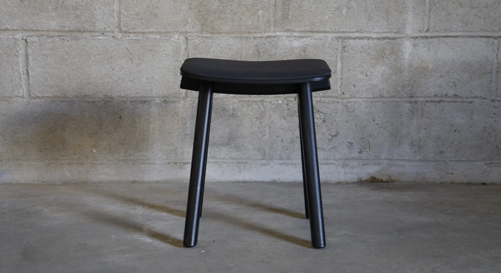 Design bar stool H65 cm natural wood finish with blue fabric seat