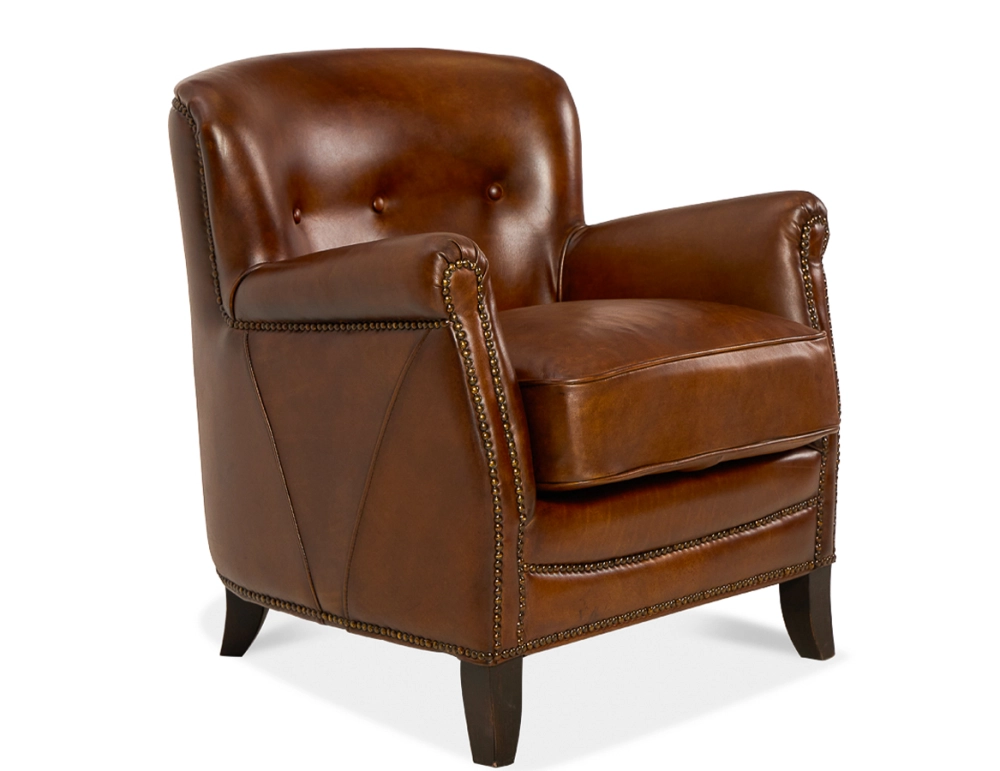 Fauteuil club cuir marron vintage accoudoirs cloutés Fauteuil club cuir marron vintage accoudoirs cloutés