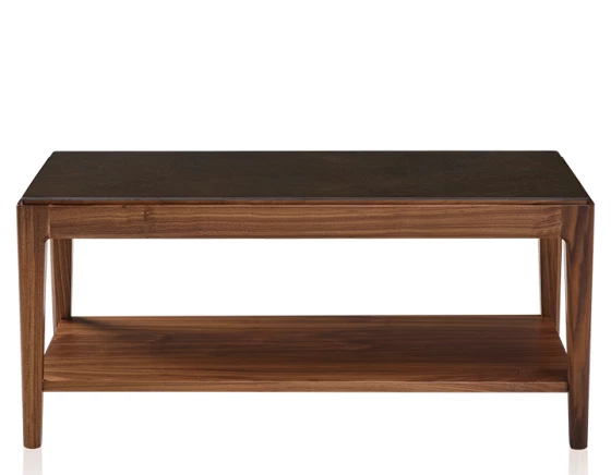 Table basse rectangulaire en noyer et céramique avec tablette en bois teinte naturelle plateau céramique brun oxydé 100x50 cm