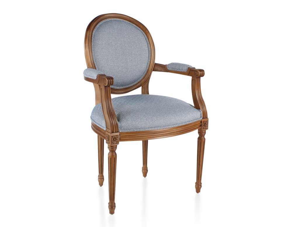 Antique Louis XVI style armchair with armrests aged wood stain and blue chevron fabric Antique Louis XVI style armchair with armrests aged wood stain and blue chevron fabric