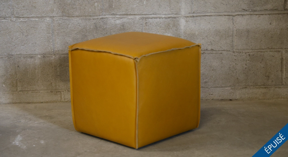 Pouf cuir de vachette jaune moutarde