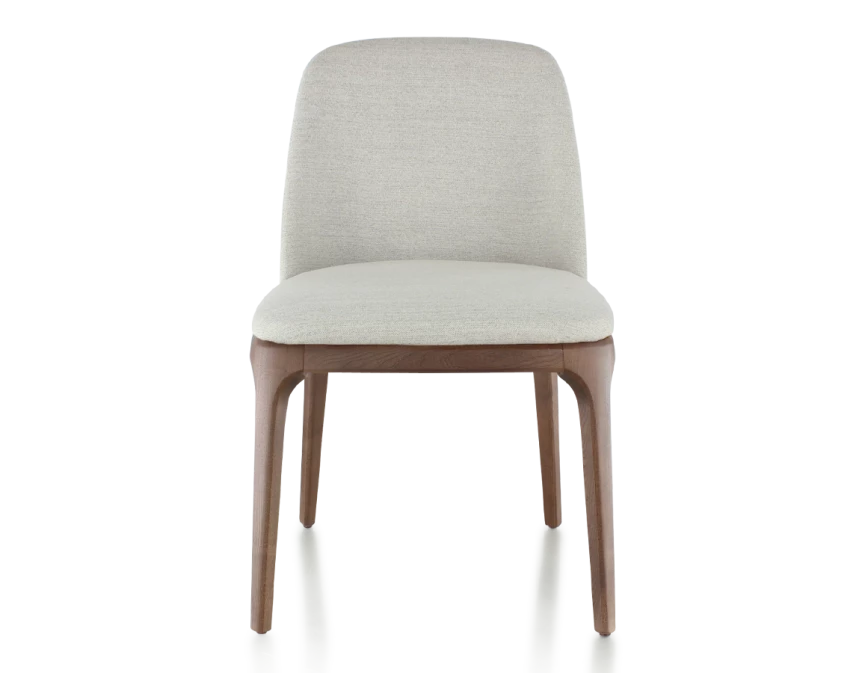 Chaise design bois teinte marron foncé et tissu beige naturel