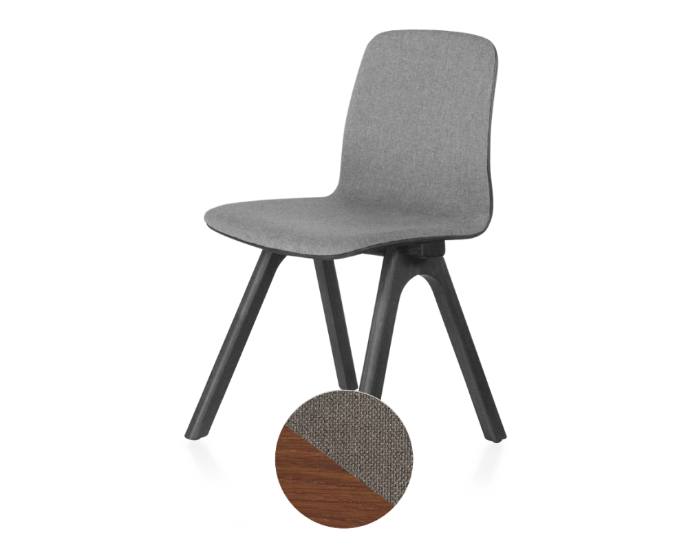 Upholstered oak designer chair wood stained walnut seat light grey fabric Upholstered oak designer chair wood stained walnut seat light grey fabric