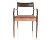 Chaise scandivave avec accoudoirs bois teinte marron foncé assise tissu velours rose pâle