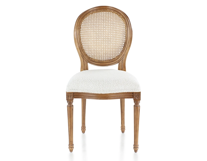 Chaise ancienne style Louis XVI bois teinte ancienne dossier canné assise tissu bouclé blanc Chaise ancienne style Louis XVI bois teinte ancienne dossier canné assise tissu bouclé blanc