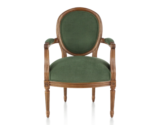 Fauteuil ancien style Louis XVI bois teinte ancienne et tissu vert foncé