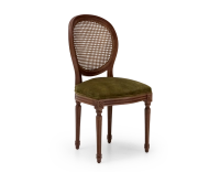 Chaise ancienne style Louis XVI bois teinte marron foncée dossier canné assise tissu velours vert olive Chaise ancienne style Louis XVI bois teinte marron foncée dossier canné assise tissu velours vert olive