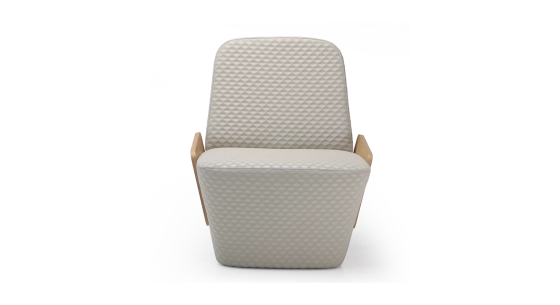 Designer armchair without armrests oak natural finish with beige fabric seat