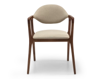 Designer armchair dark brown stained wood and taupe fabric. Designer armchair dark brown stained wood and taupe fabric.