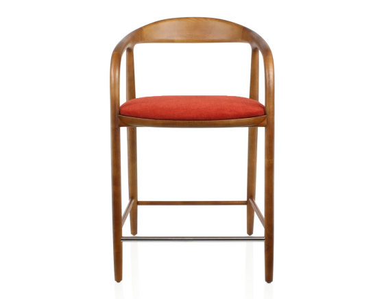 Tabouret de bar H60 cm bois teinte merisier et tissu orange brulé