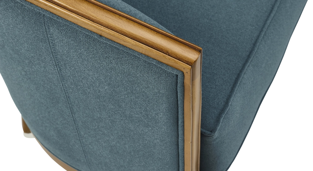 Canapé ancien 3 places accoudoirs moulurés bois teinte ancienne et tissu bleu océan