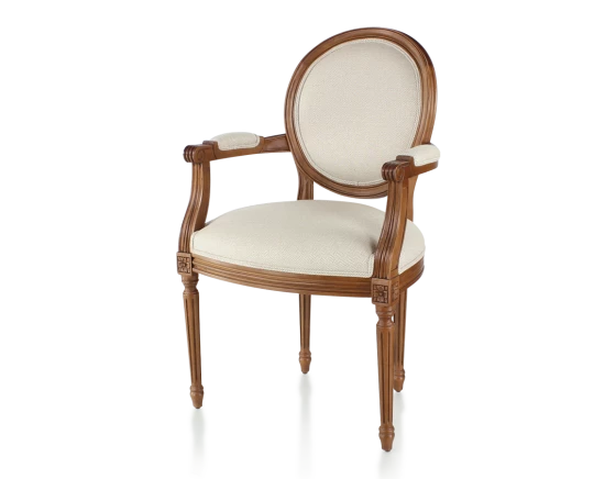 Chaise ancienne style Louis XVI avec accoudoirs bois teinte ancienne dossier canné assise tissu chevron beige