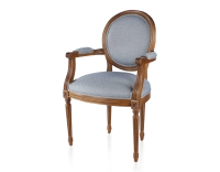 Antique Louis XVI style armchair with armrests aged wood stain and blue chevron fabric Antique Louis XVI style armchair with armrests aged wood stain and blue chevron fabric