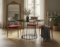 Silla escandinava madera tinte marrón oscuro asiento tejido burdeos