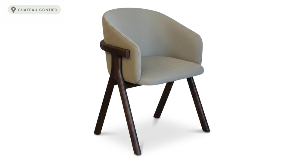 Oak chair design wood stained in xxxxx, seat upholstered in xxxxxx.