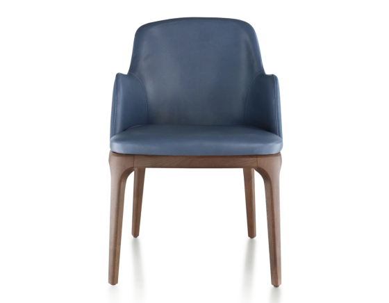 Designer chair with armrests dark brown stained wood and storm blue leather