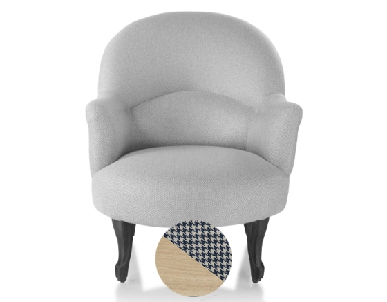 Fauteuil crapaud avec accoudoirs pieds bois teinte naturelle et tissu pied-de-poule bleu et blanc