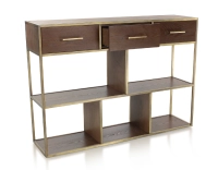 Console design frêne teinte marron foncé et métal patine laiton Console design frêne teinte marron foncé et métal patine laiton