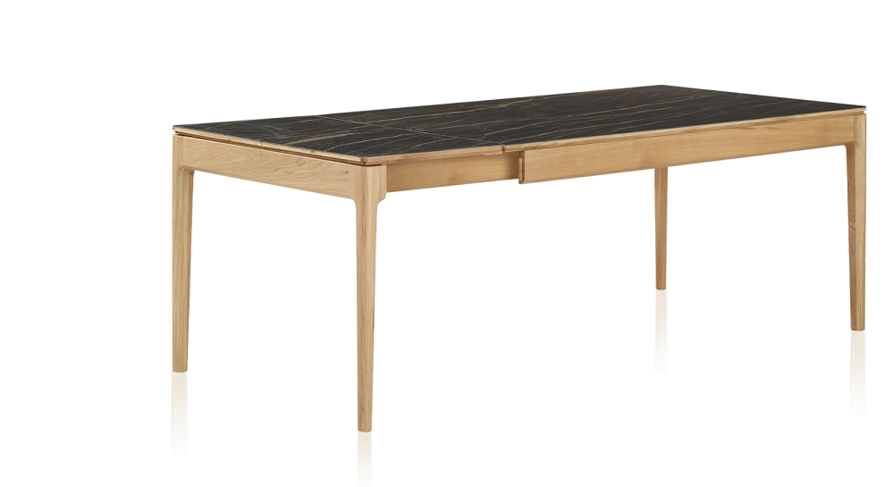 Extendable table for 8 to 12 people in oak and ceramic with ceramic extensions with natural stained wood and black marble effect ceramic top and extensions 160x100 cm