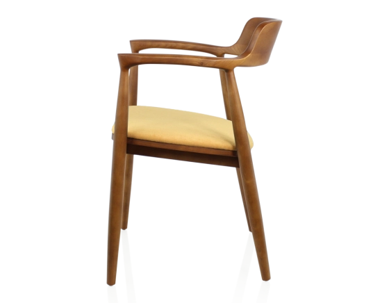 Chaise scandinave bois teinte merisier et tissu jaune