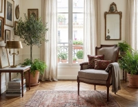 Louis XVI style bergère armchair bois teinte ancienne et tissu chiné beige, gris et orange