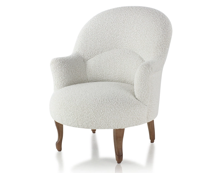 Fauteuil crapaud avec accoudoirs pieds bois teinte noyer et tissu bouclé blanc Fauteuil crapaud avec accoudoirs pieds bois teinte noyer et tissu bouclé blanc