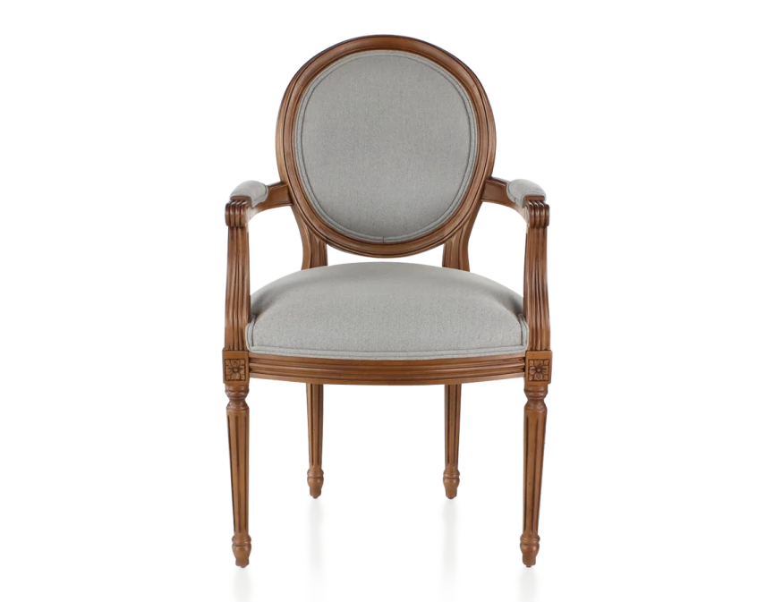 Chaise ancienne style Louis XVI avec accoudoirs bois teinte ancienne dossier canné assise tissu gris clair