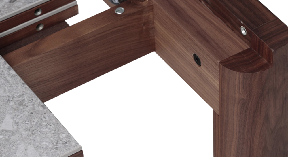 Extending table for 8 to 12 people in walnut and ceramic with ceramic extensions natural wood finish and grey terrazzo effect ceramic 180x100 cm Extending table for 8 to 12 people in walnut and ceramic with ceramic extensions natural wood finish and grey terrazzo effect ceramic 180x100 cm