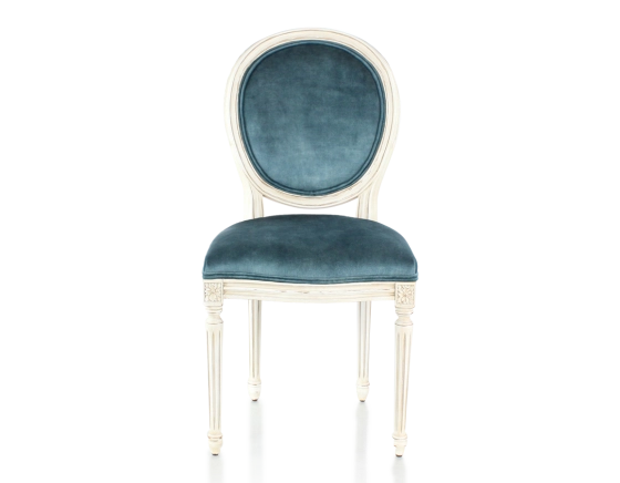 Antique Louis XVI style chair white cerused wood stain and petrol blue velvet fabric