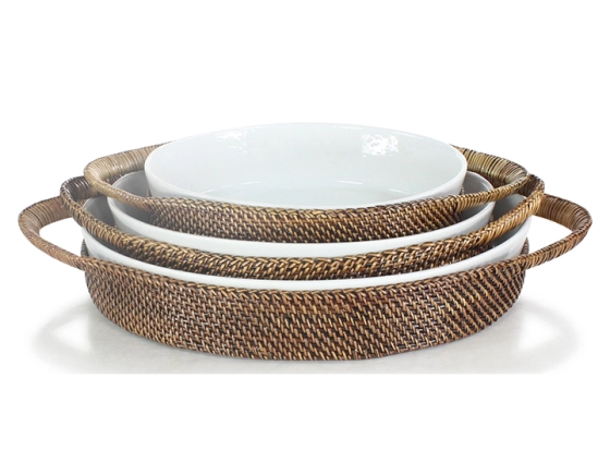 Large oval porcelain dish with rattan flower stand