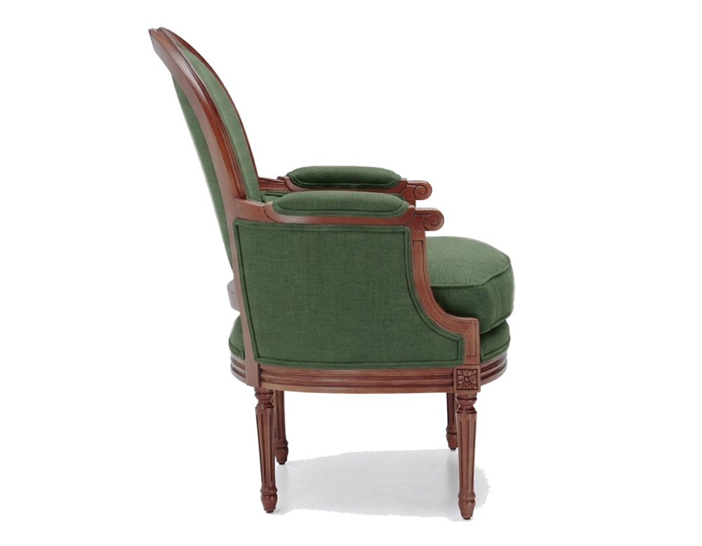 Fauteuil bergère mouluré style Louis XVI bois teinte ancienne et tissu vert foncé