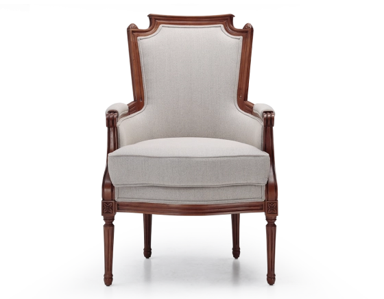 Fauteuil bergère style Louis XVI bois teinte ancienne et tissu beige naturel