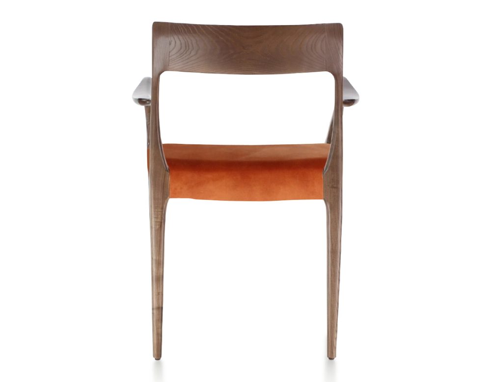 Chaise scandinave avec accoudoirs bois teinte marron foncé assise tissu velours terracotta Chaise scandinave avec accoudoirs bois teinte marron foncé assise tissu velours terracotta