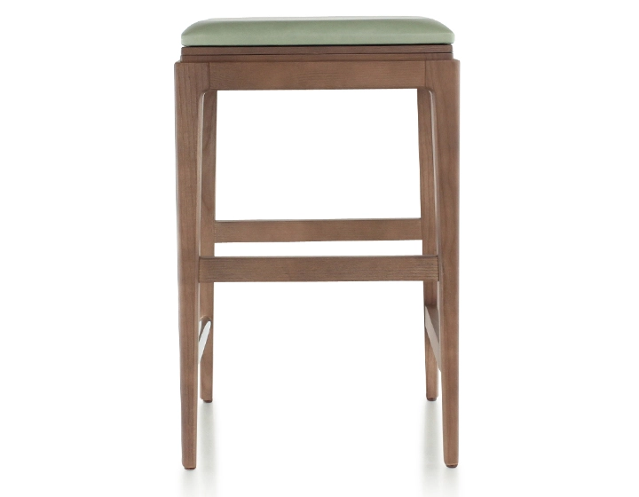 Tabouret de bar design H60 cm bois teinte noyer assise cuir vert sauge Tabouret de bar design H60 cm bois teinte noyer assise cuir vert sauge