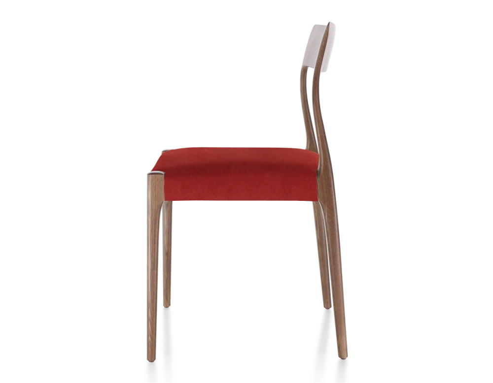 Chaise scandinave bois teinte marron foncé assise tissu bordeaux Chaise scandinave bois teinte marron foncé assise tissu bordeaux