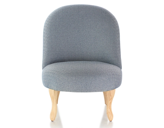 Armless toad chair natural wood stain feet and blue chevron fabric