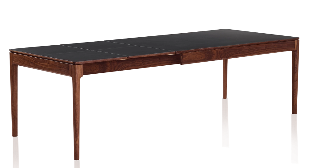 Table extensible 8 à 12 personnes en noyer et céramique allonges céramique avec bois teinte naturelle et plateau et allonges céramique noire unie 180x100 cm