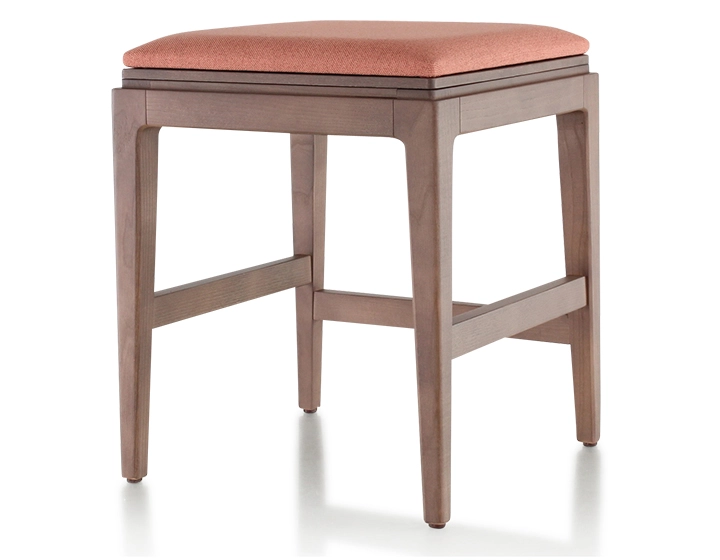 Tabouret design H45 cm bois teinte noyer assise tissu rose corail Tabouret design H45 cm bois teinte noyer assise tissu rose corail