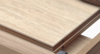 Extending table for 8 to 12 people in oak and ceramic with ceramic extensions natural wood finish and ceramic travertine stone effect 180x100 cm Extending table for 8 to 12 people in oak and ceramic with ceramic extensions natural wood finish and ceramic travertine stone effect 180x100 cm