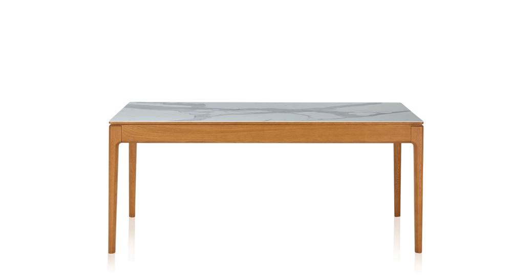 Table extensible en chêne et céramique 6 à 10 personnes allonges céramique avec bois teinte merisier et plateau et allonges céramique effet marbre blanc 140x90 cm