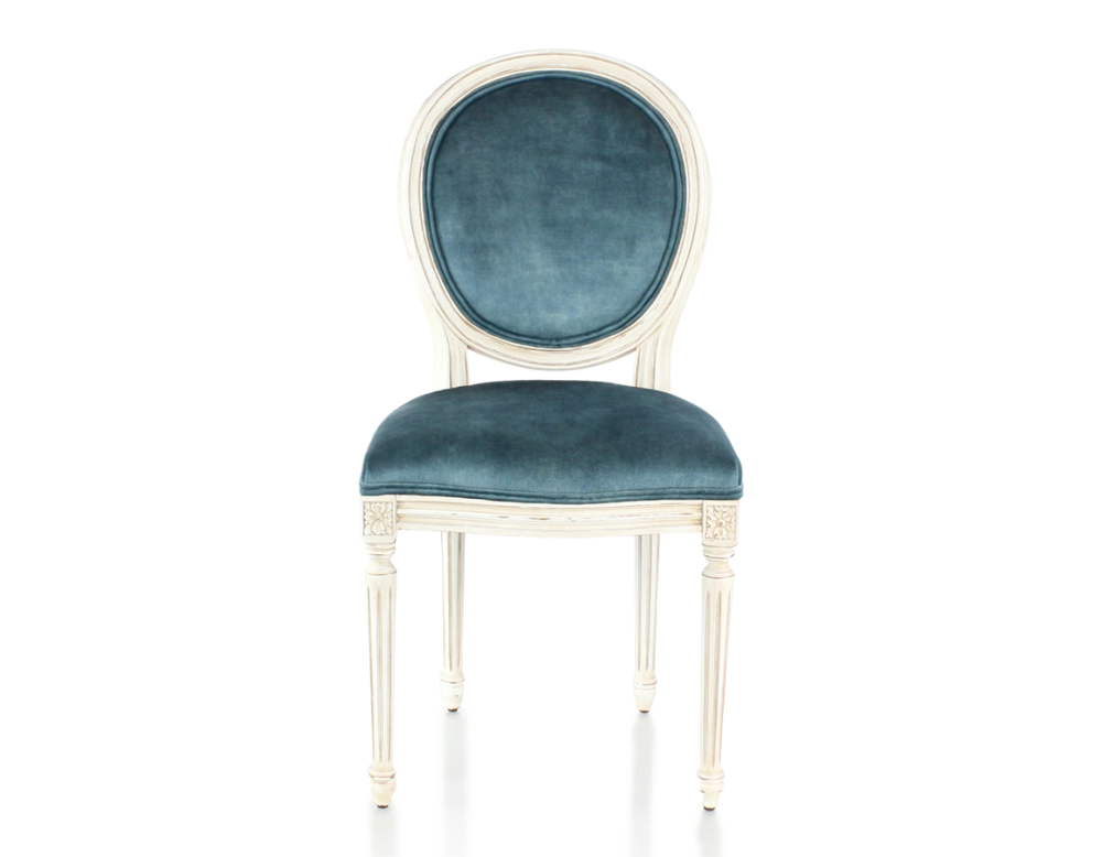 Antique Louis XVI style chair white cerused wood stain and petrol blue velvet fabric Antique Louis XVI style chair white cerused wood stain and petrol blue velvet fabric