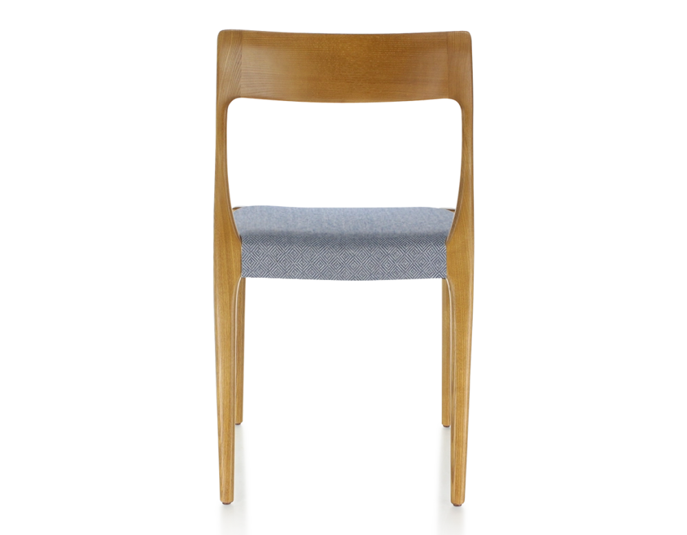 Scandinavian chair cherry-stained wood, blue chevron fabric seat Scandinavian chair cherry-stained wood, blue chevron fabric seat