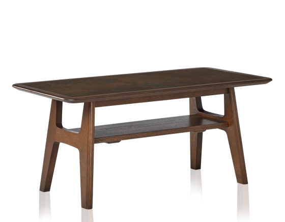 Table basse rectangulaire en chêne et céramique avec bois teinte marron foncé plateau céramique brun oxydé 100x50 cm