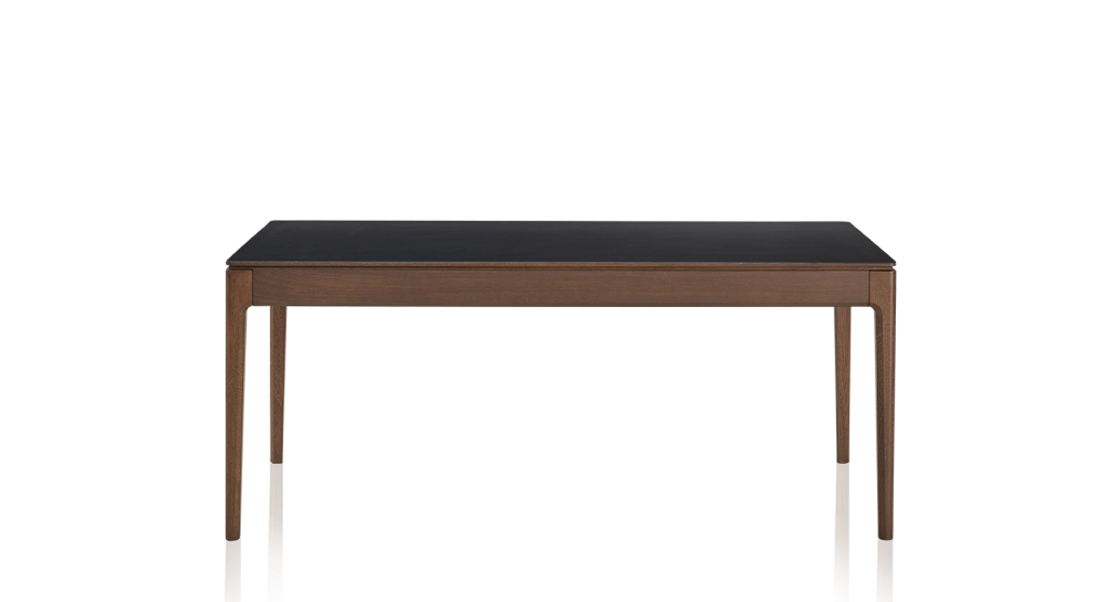 Table extensible 8 à 14 personnes en chêne et céramique allonges céramique avec bois teinte marron foncé et plateau et allonges céramique noire unie 210x100 cm