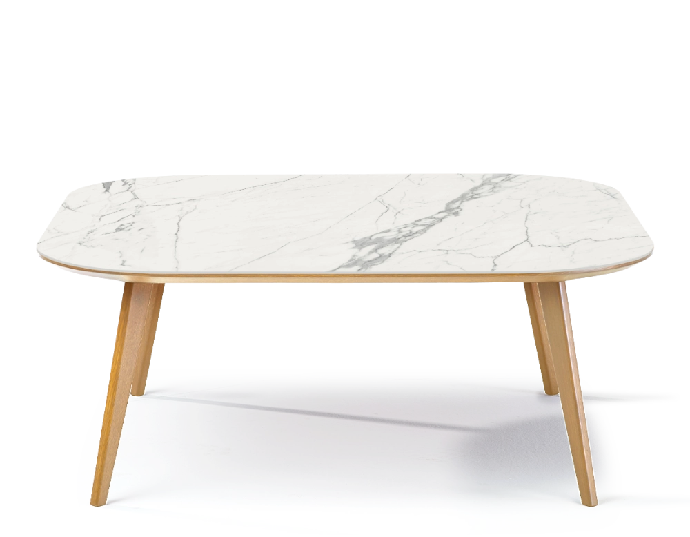 Table basse carré aux angles arrondis F2 en chêne et céramique bois teinte naturelle plateau céramique effet marbre blanc 120x120x40 cm