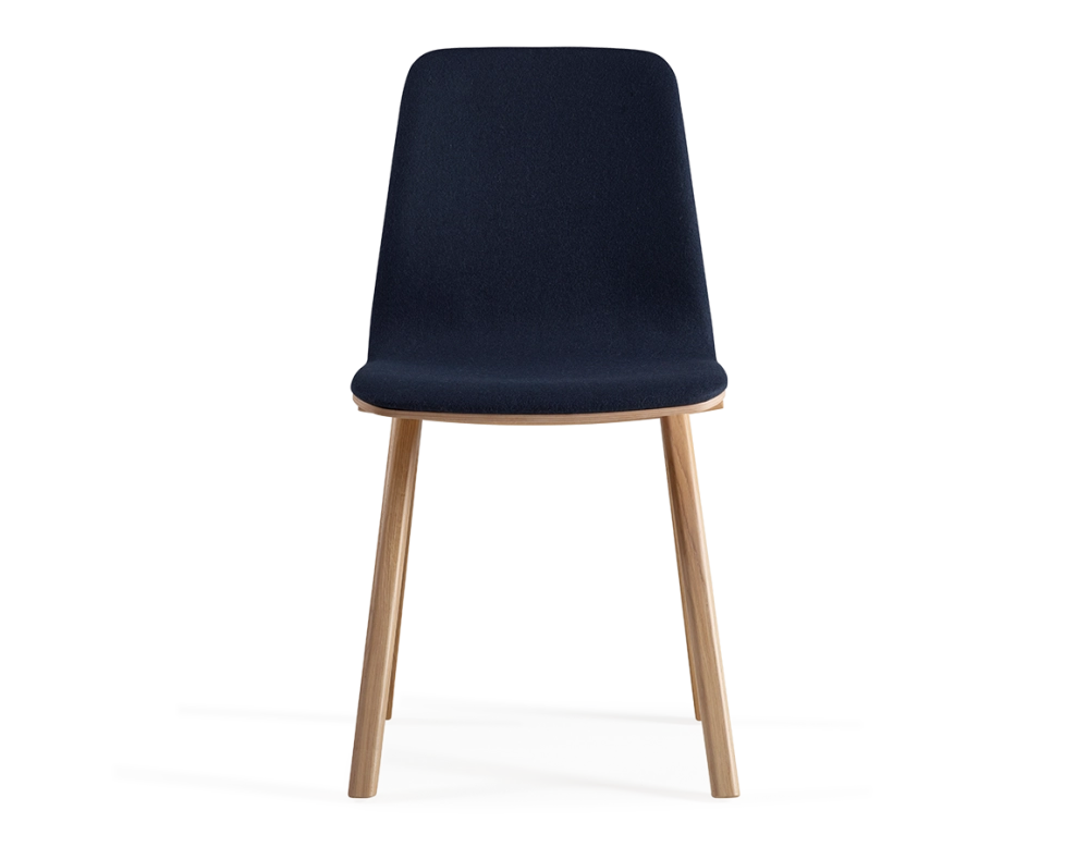 Upholstered oak designer chair natural tint wood, navy blue fabric seat Upholstered oak designer chair natural tint wood, navy blue fabric seat