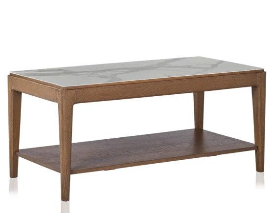 Table basse rectangulaire en chêne et céramique avec tablette en bois teinte noyer plateau céramique effet marbre blanc 100x50 cm