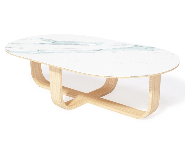 Table basse ovale en chêne et céramique avec bois teinte naturelle plateau céramique effet marbre blanc 120x80 cm Table basse ovale en chêne et céramique avec bois teinte naturelle plateau céramique effet marbre blanc 120x80 cm