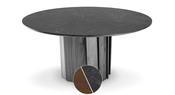 Round dining table for 8 people in oak and ceramic with dark brown stained wood and slate effect ceramic top 160 cm
