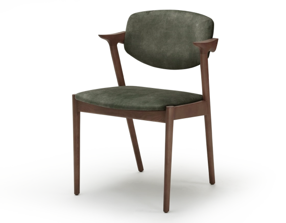 Chaise scandinave bois teinte noyer assise tissu velours vert forêt